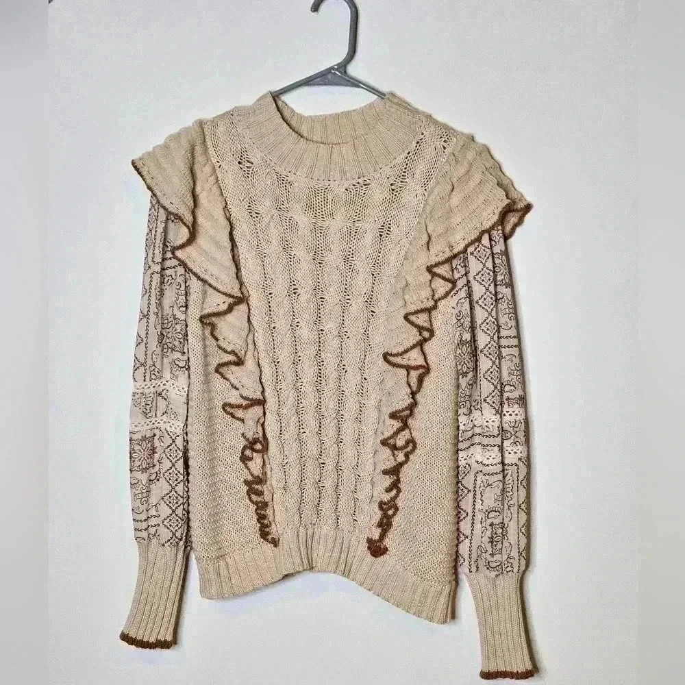 FATE Ruffle Knit‎ Boho Sheer Longsleeve Sweater Womens Medium Tan/Brown